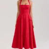 Claudia Red Stretch Cotton Button Halter Neck Midi Dress Claudia Red Stretch Cotton Button Halter Neck Midi Dress
