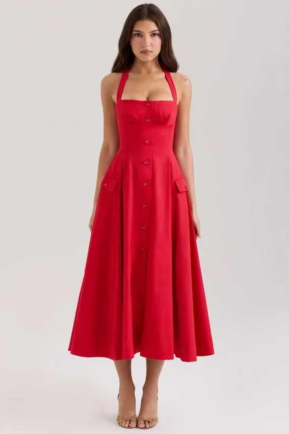 Claudia Red Stretch Cotton Button Halter Neck Midi Dress Claudia Red Stretch Cotton Button Halter Neck Midi Dress