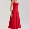 Claudia Red Stretch Cotton Button Halter Neck Midi Dress Claudia Red Stretch Cotton Button Halter Neck Midi Dress