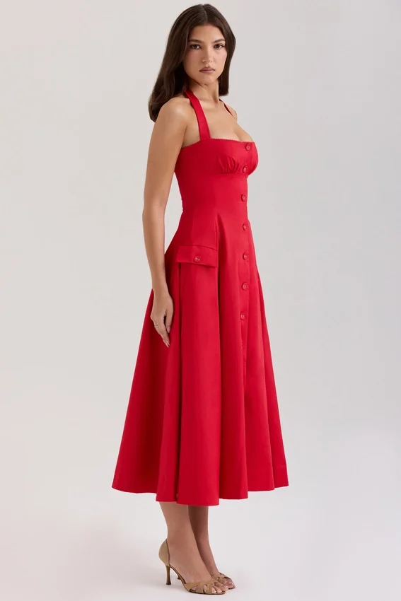Claudia Red Stretch Cotton Button Halter Neck Midi Dress Claudia Red Stretch Cotton Button Halter Neck Midi Dress