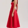 Claudia Red Stretch Cotton Button Halter Neck Midi Dress Claudia Red Stretch Cotton Button Halter Neck Midi Dress