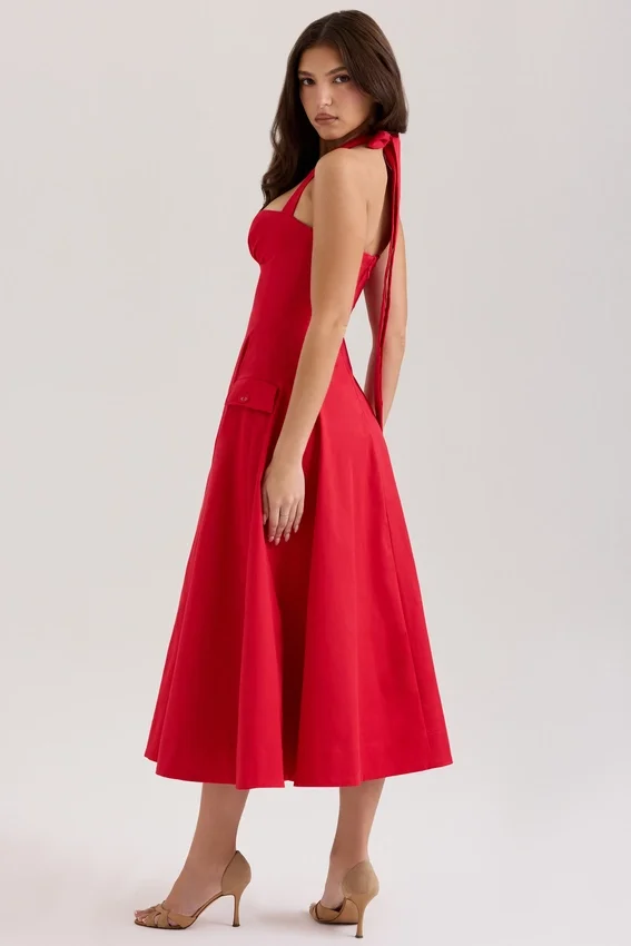 Claudia Red Stretch Cotton Button Halter Neck Midi Dress Claudia Red Stretch Cotton Button Halter Neck Midi Dress