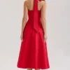 Claudia Red Stretch Cotton Button Halter Neck Midi Dress Claudia Red Stretch Cotton Button Halter Neck Midi Dress