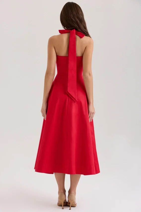 Claudia Red Stretch Cotton Button Halter Neck Midi Dress Claudia Red Stretch Cotton Button Halter Neck Midi Dress