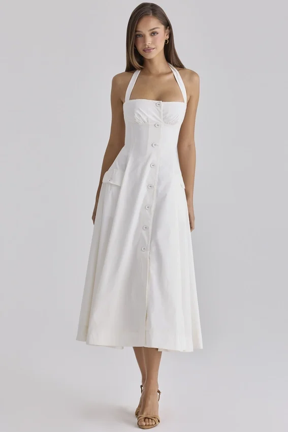 Claudia White Cotton Halter Neck Midi Dress Claudia White Cotton Halter Neck Midi Dress