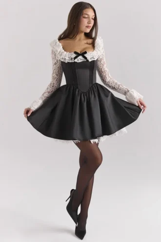 Cleora Black Lace Ruffle Mini Dress