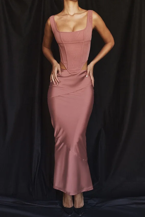 Colette Rose Satin Low Waist Midi Skirt Colette Rose Satin Low Waist Midi Skirt