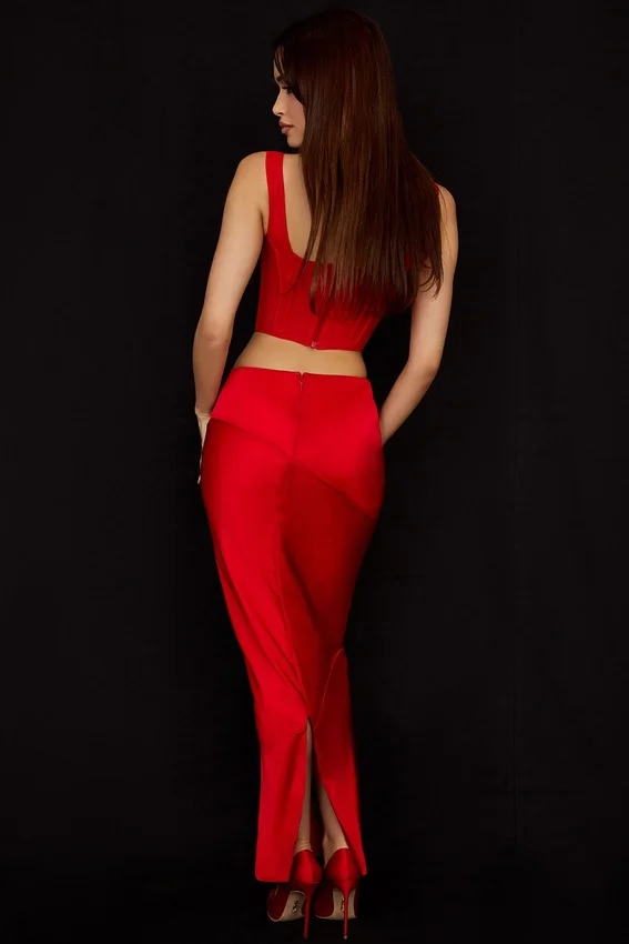 Colette Scarlet Satin Low Waist Midi Skirt Colette Scarlet Satin Low Waist Midi Skirt