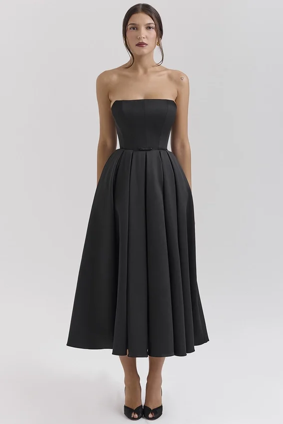 Contessa Black Strapless Satin Corset Midi Dress Contessa Black Strapless Satin Corset Midi Dress