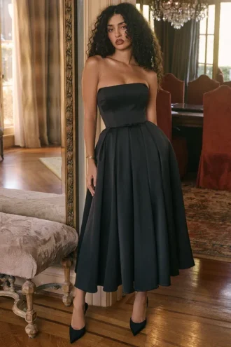 Contessa Black Strapless Satin Corset Midi Dress