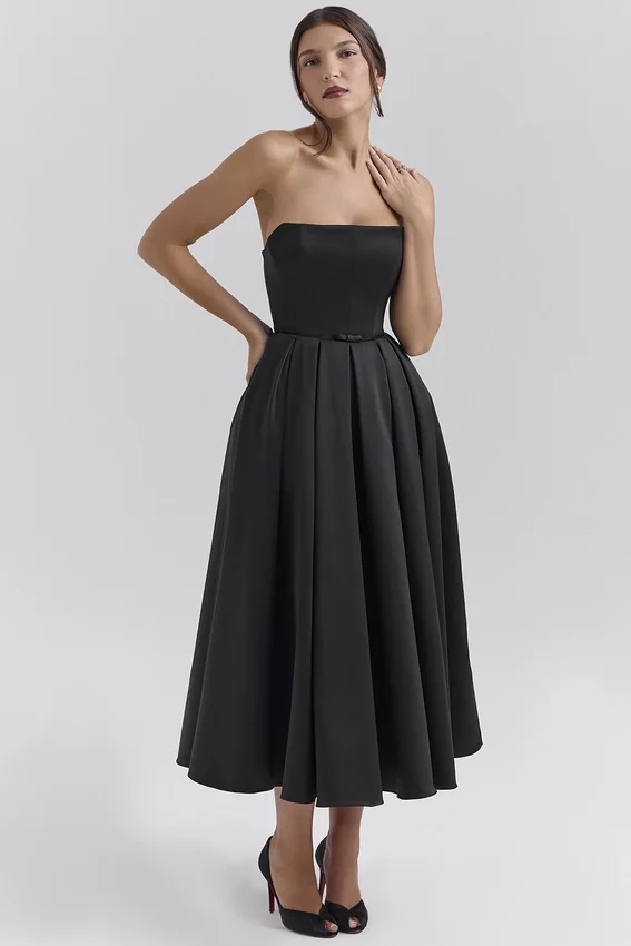 Contessa Black Strapless Satin Corset Midi Dress Contessa Black Strapless Satin Corset Midi Dress