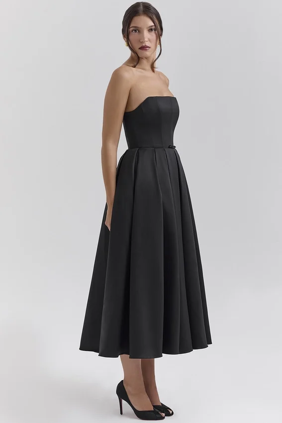 Contessa Black Strapless Satin Corset Midi Dress Contessa Black Strapless Satin Corset Midi Dress