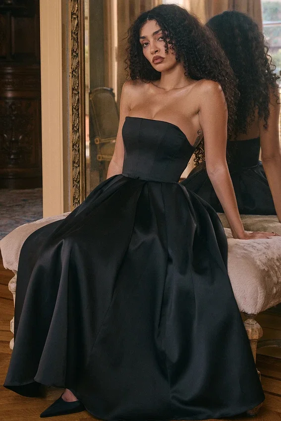 Contessa Black Strapless Satin Corset Midi Dress Contessa Black Strapless Satin Corset Midi Dress