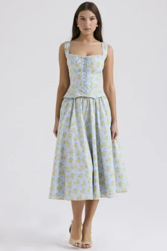 Cora Soft Blue Vintage Floral Print Cotton Midi Skirt Cora Soft Blue Vintage Floral Print Cotton Midi Skirt