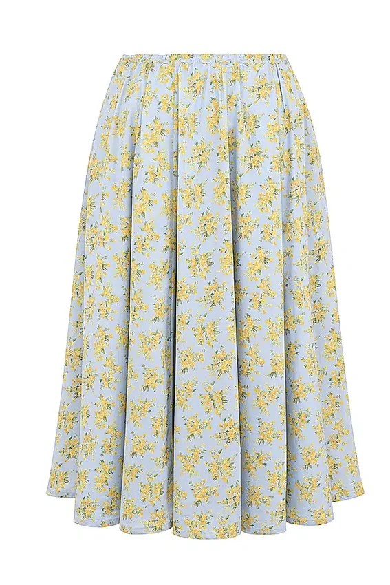 Cora Soft Blue Vintage Floral Print Cotton Midi Skirt Cora Soft Blue Vintage Floral Print Cotton Midi Skirt