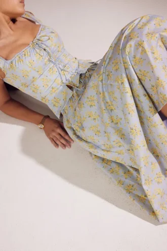 Cora Soft Blue Vintage Floral Print Cotton Midi Skirt Cora Soft Blue Vintage Floral Print Cotton Midi Skirt