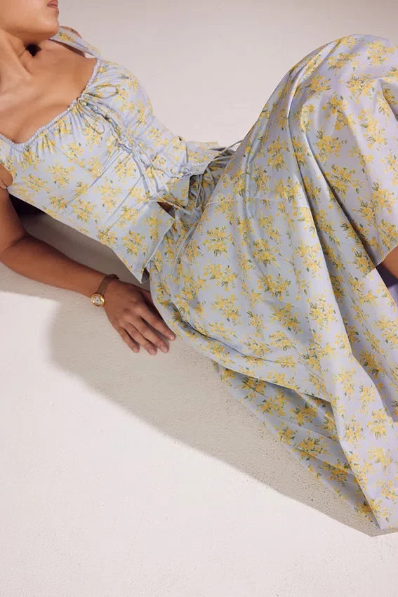 Cora Soft Blue Vintage Floral Print Cotton Midi Skirt Cora Soft Blue Vintage Floral Print Cotton Midi Skirt