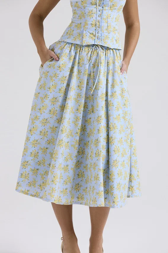 Cora Soft Blue Vintage Floral Print Cotton Midi Skirt Cora Soft Blue Vintage Floral Print Cotton Midi Skirt