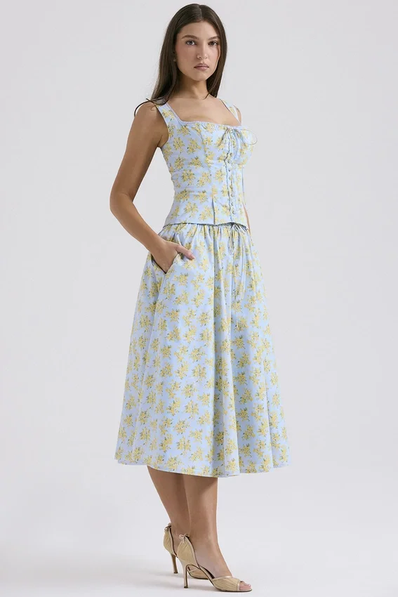 Cora Soft Blue Vintage Floral Print Cotton Midi Skirt Cora Soft Blue Vintage Floral Print Cotton Midi Skirt