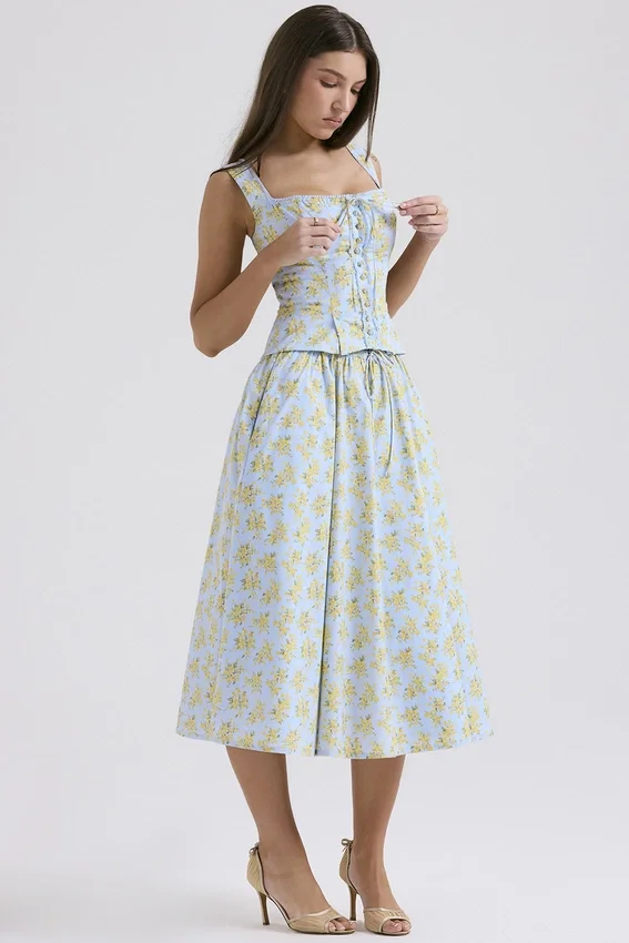 Cora Soft Blue Vintage Floral Print Cotton Midi Skirt Cora Soft Blue Vintage Floral Print Cotton Midi Skirt