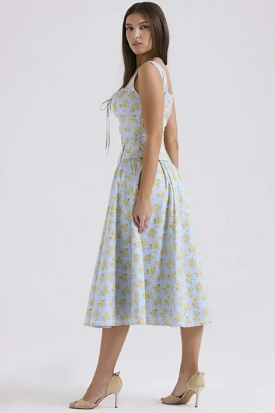 Cora Soft Blue Vintage Floral Print Cotton Midi Skirt Cora Soft Blue Vintage Floral Print Cotton Midi Skirt