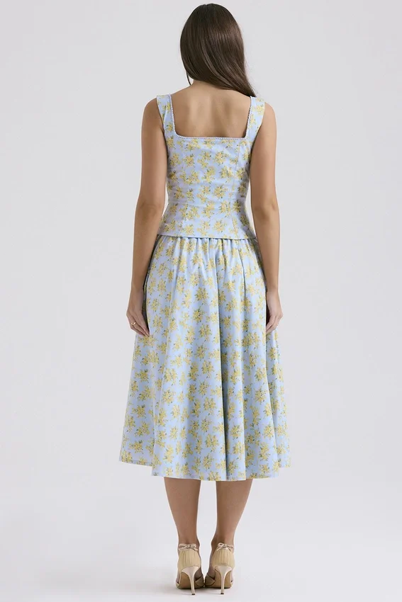 Cora Soft Blue Vintage Floral Print Cotton Midi Skirt Cora Soft Blue Vintage Floral Print Cotton Midi Skirt
