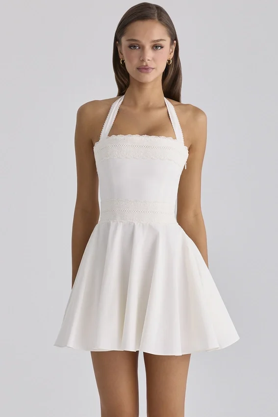 Cosette White Broderie Anglais + Cotton Halter Neck Mini Dress Cosette White Broderie Anglais + Cotton Halter Neck Mini Dress