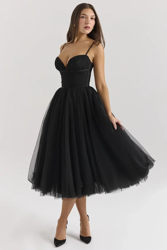 Countess Black Tulle Ruched Bodice Midi Dress Countess Black Tulle Ruched Bodice Midi Dress