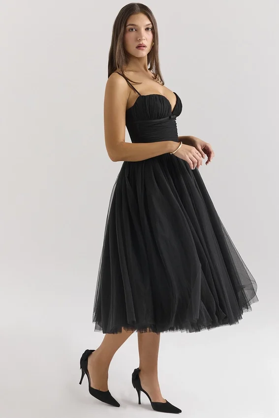 Countess Black Tulle Ruched Bodice Midi Dress Countess Black Tulle Ruched Bodice Midi Dress
