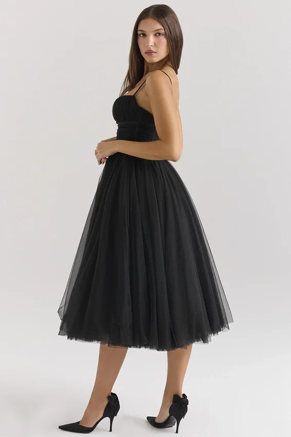 Countess Black Tulle Ruched Bodice Midi Dress Countess Black Tulle Ruched Bodice Midi Dress