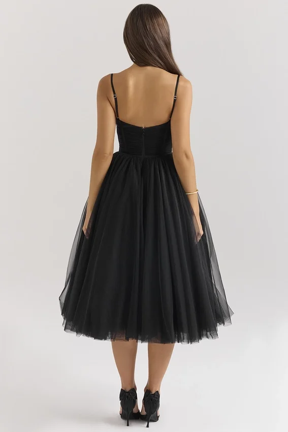 Countess Black Tulle Ruched Bodice Midi Dress Countess Black Tulle Ruched Bodice Midi Dress