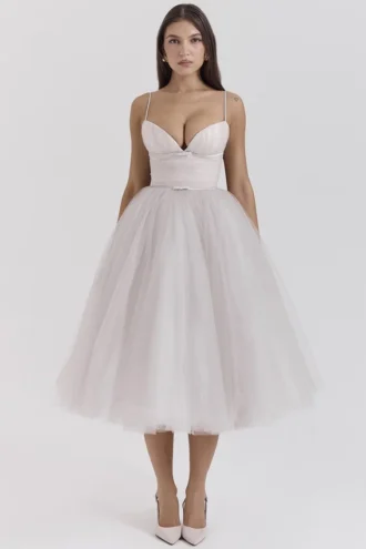 Countess French Dove Tulle Midi Dress