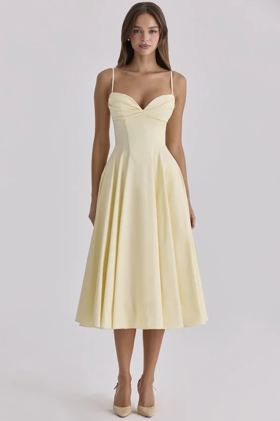 Dahlia Lemon Cotton Princess Cut Midi Sundress Dahlia Lemon Cotton Princess Cut Midi Sundress