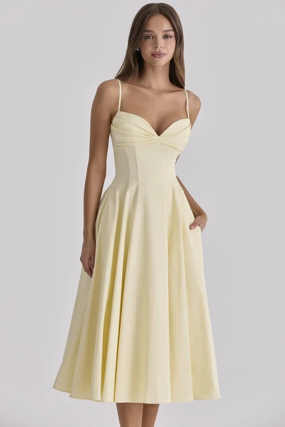 Dahlia Lemon Cotton Princess Cut Midi Sundress Dahlia Lemon Cotton Princess Cut Midi Sundress