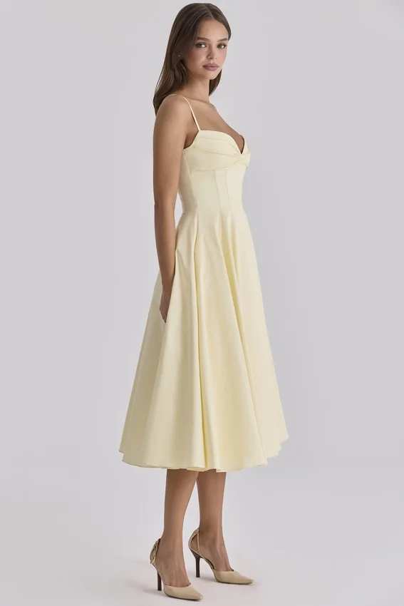 Dahlia Lemon Cotton Princess Cut Midi Sundress Dahlia Lemon Cotton Princess Cut Midi Sundress
