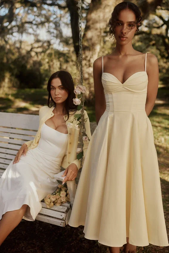 Dahlia Lemon Cotton Princess Cut Midi Sundress Dahlia Lemon Cotton Princess Cut Midi Sundress