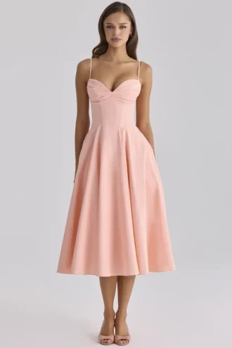 Dahlia Peach Cotton Pleated Midi Sundress Dahlia Peach Cotton Pleated Midi Sundress