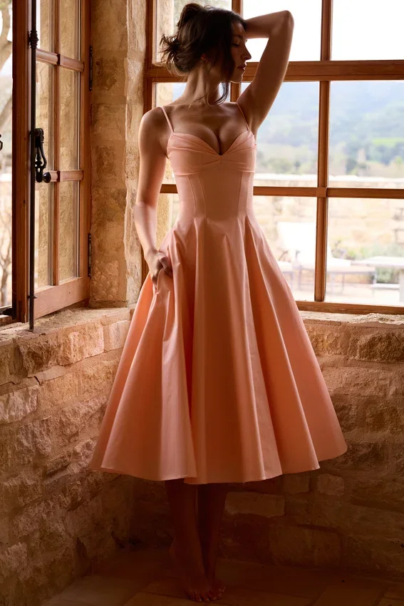 Dahlia Peach Cotton Pleated Midi Sundress Dahlia Peach Cotton Pleated Midi Sundress