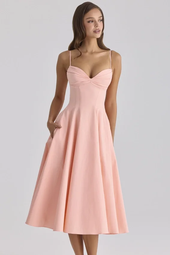 Dahlia Peach Cotton Pleated Midi Sundress Dahlia Peach Cotton Pleated Midi Sundress