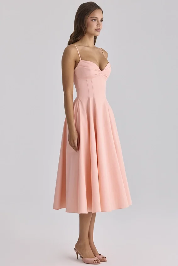 Dahlia Peach Cotton Pleated Midi Sundress Dahlia Peach Cotton Pleated Midi Sundress