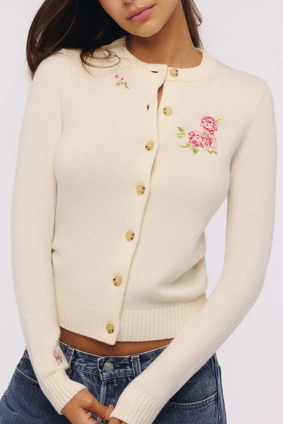 Daisie Ivory Wool + Cashmere Floral Embroidered Cardigan Daisie Ivory Wool + Cashmere Floral Embroidered Cardigan