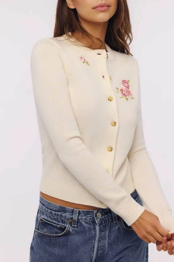 Daisie Ivory Wool + Cashmere Floral Embroidered Cardigan Daisie Ivory Wool + Cashmere Floral Embroidered Cardigan
