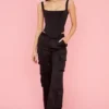 Daria Black Satin Straight Leg Cargo Trousers