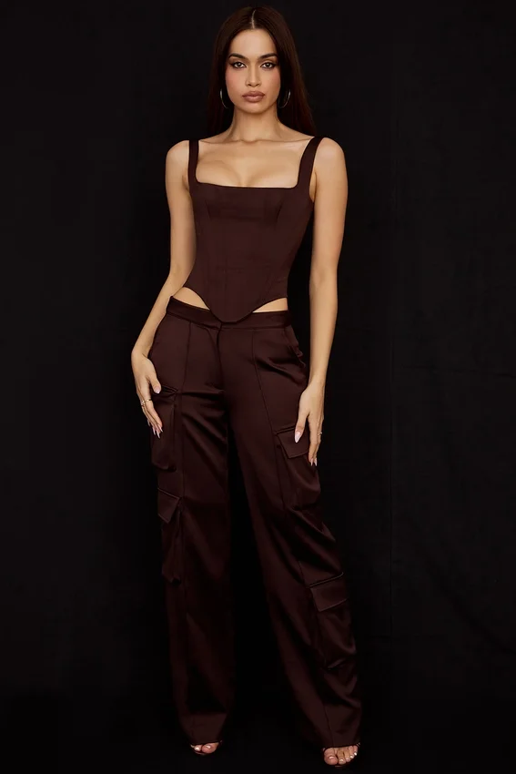 Daria Chocolate Satin Cargo Trousers Daria Chocolate Satin Cargo Trousers