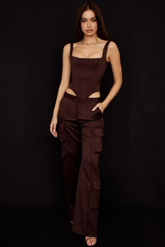 Daria Chocolate Satin Cargo Trousers Daria Chocolate Satin Cargo Trousers