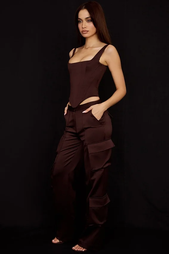 Daria Chocolate Satin Cargo Trousers Daria Chocolate Satin Cargo Trousers