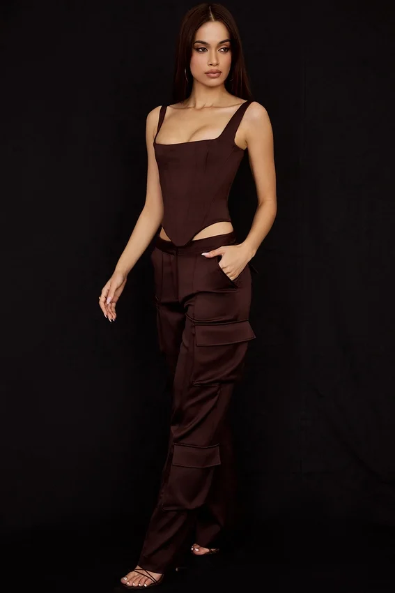 Daria Chocolate Satin Cargo Trousers Daria Chocolate Satin Cargo Trousers