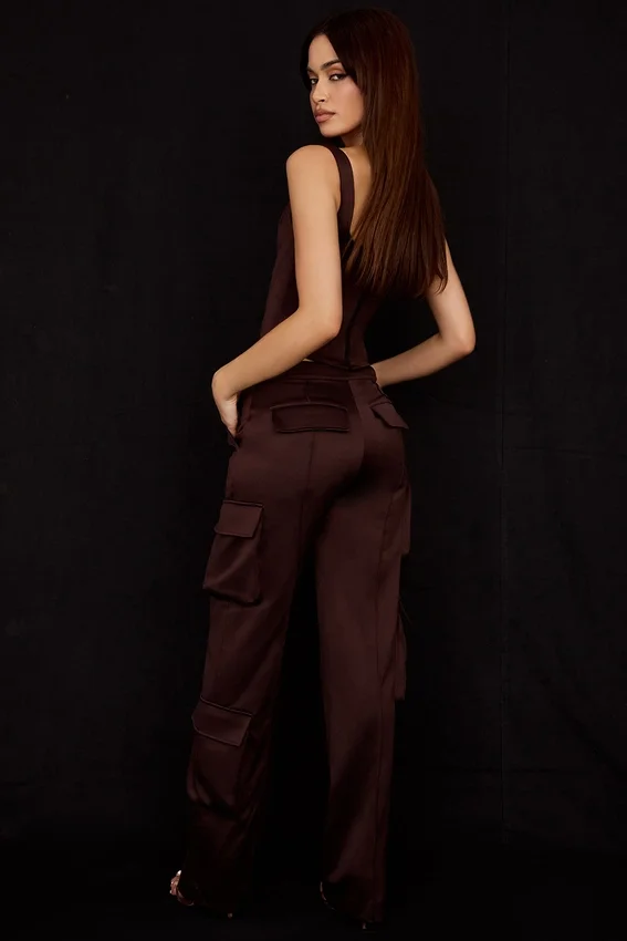 Daria Chocolate Satin Cargo Trousers Daria Chocolate Satin Cargo Trousers