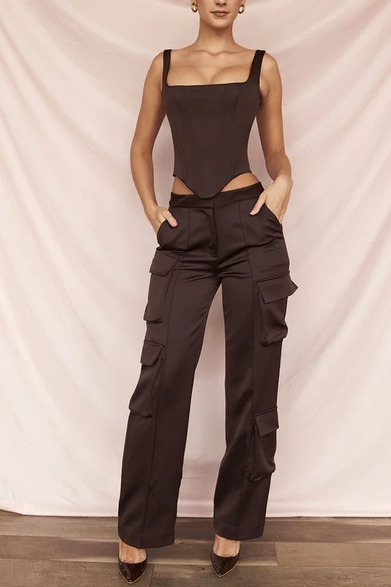 Daria Chocolate Satin Cargo Trousers Daria Chocolate Satin Cargo Trousers