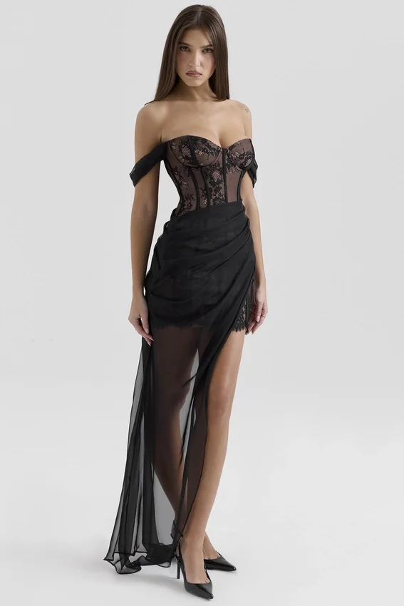 Debut Black Off Shoulder Lace Maxi Dress Debut Black Off Shoulder Lace Maxi Dress